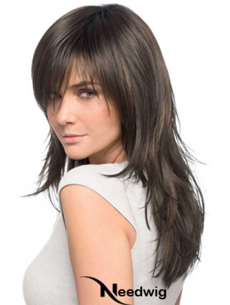 Human Hair Wigs Layered Cut Brown Color Long Length Straight Style