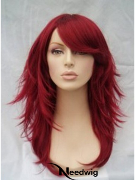 Red Human Hair Wigs Full Wig With Bangs Wavy Style Shoulder Length