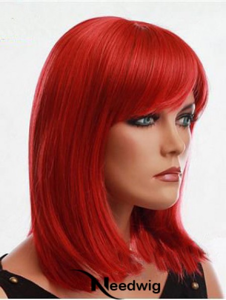 Human Hair Red Wig With Bangs Capless Red Color Straight Style