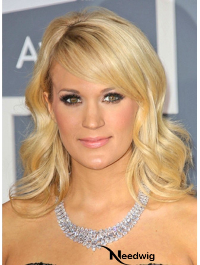 100 Hand Tied Blonde Shoulder Wavy With Bangs Cheap Monofibre