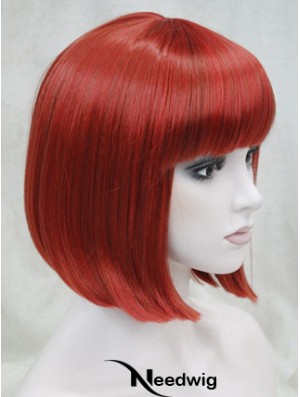 Human Hair Lace Front Wig Chin Length With Bangs Red Color