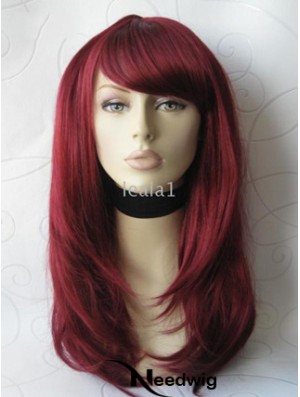 Front Lace Wig With Bangs Long Length Straight Style Red Color