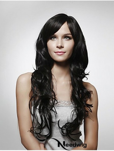 Long Curly Human Hair Wigs Layered Cut Black Color