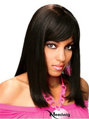 Full Human Hair Wigs With Bangs Full Lace Shoulder Length Black Color