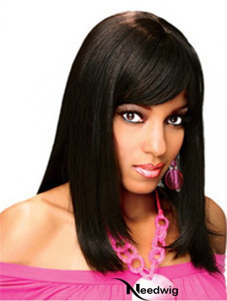 Full Human Hair Wigs With Bangs Full Lace Shoulder Length Black Color