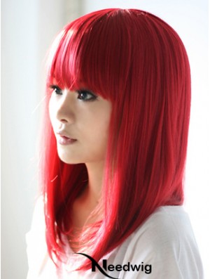 Red Synthetic Wigs With Bangs Shoulder Length Straight Style