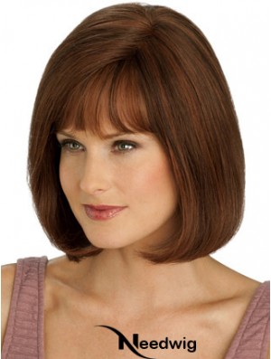 Real Hair Long Bob Wigs With Monofilament Straight Style Auburn Color