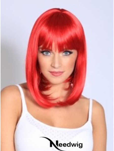 Straight With Bangs Shoulder Length Red Fashionable Lace Front Wigs