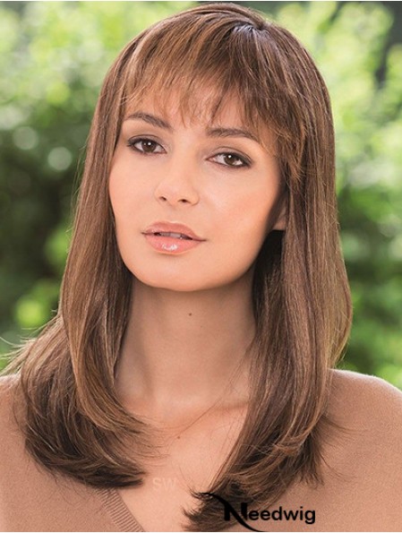 16 inch Brown Shoulder Length With Bangs Straight Stylish Lace Wigs