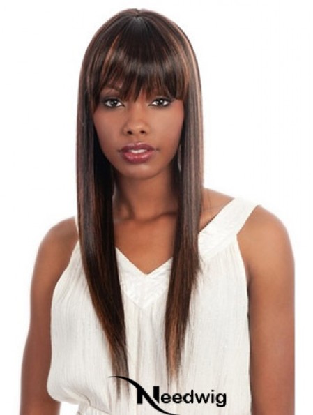 Long Brown Yaki With Bangs Fashionable African American Wigs