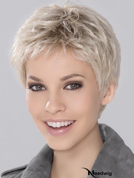 Synthetic Incredible Cropped Platinum Blonde Wavy Monofilament Wigs