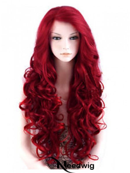 24 inch Red Long Wavy Large Cap Synthetic Lace Front Wigs