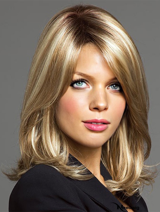 Fashionable Blonde Shoulder Length Straight Layered Lace Front Wigs 