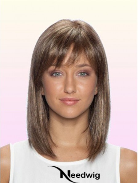 Straight With Bangs Shoulder Length Brown No-Fuss Lace Front Wigs