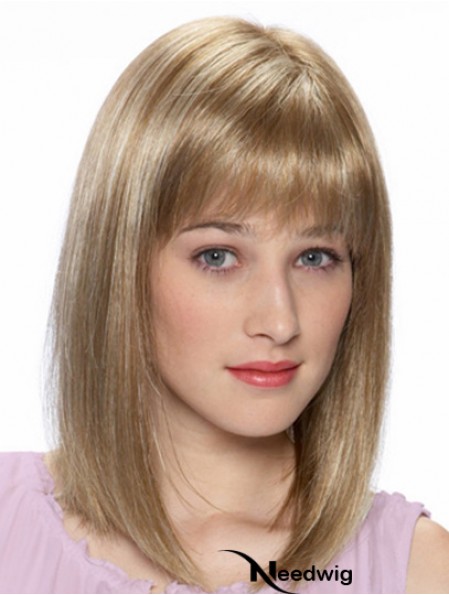 Blonde Shoulder Length Straight With Bangs 14 inch Cheap Medium Wigs