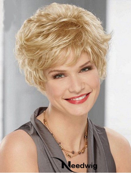 Cheap Synthetic Blonde Color Layered Cut Wavy Style