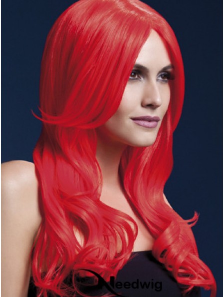 Synthetic Long Hair Wigs Red Color Wavy Style With Capless