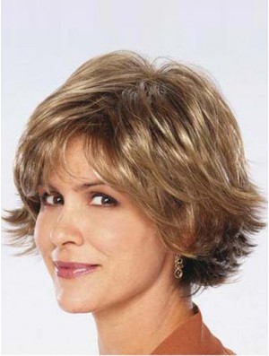 Ladies Synthetic Wigs UK Sale Chin Length Brown Color Wavy Style