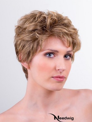 Synthetic Monofilament 6 inch Boycuts Wavy Blonde Short Wigs For Women