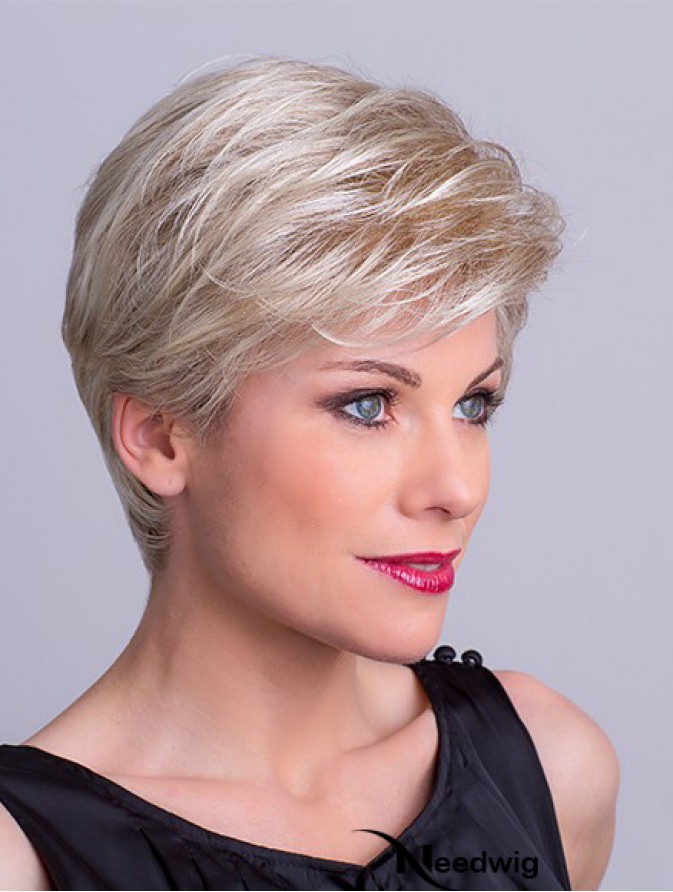 Synthetic Capless 8 Layered Straight Platinum Blonde Short Wigs For Sale