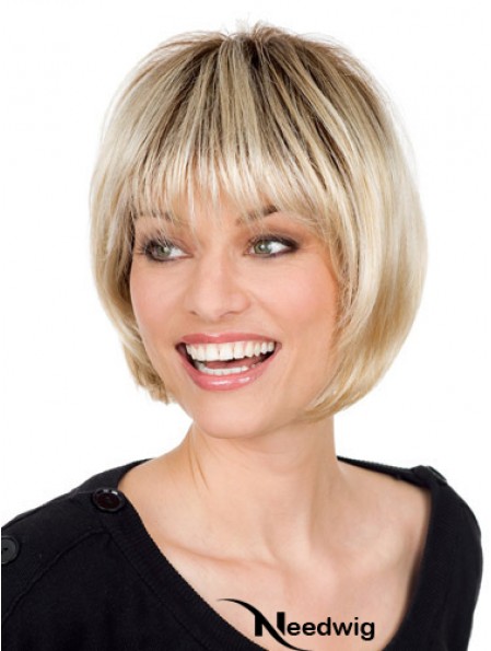 Blonde Monofilament Wig With Bangs Straight Style Chin Length
