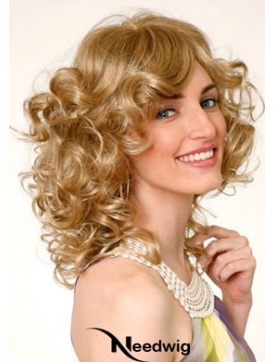 Layered Blonde Curly Shoulder Length 16 inch Durable Medium Wigs