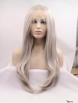 Wavy Long Without Bangs Grey Lace Front 25 inch Synthetic Wigs