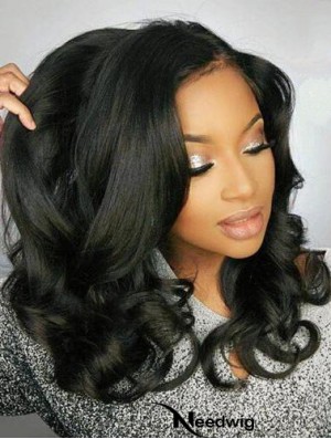 Remy Human Hair Black Wavy 18 inch Without Bangs 360 Lace Wigs