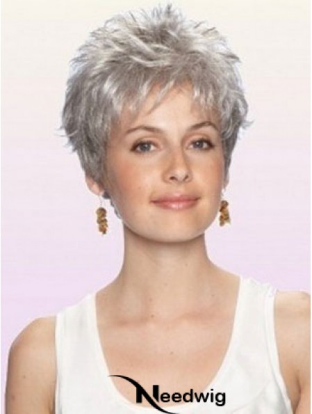 Grey Wig With Capless Cropped Length Boycuts Wavy Style