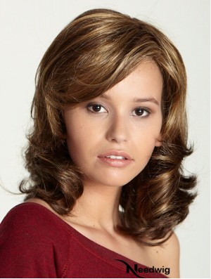 Shoulder Length With Bangs 15 inch Curly Brown Medium Wigs