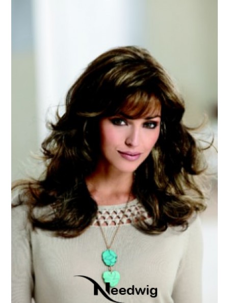 Sleek Brown Wavy With Bangs Capless Long Wigs