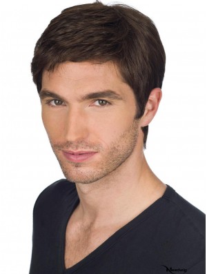 100% Hand Tied Short Straight Brown Remy Mens Wigs