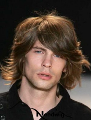 Auburn Chin Length Capless Wavy Mens Real Hair Wig