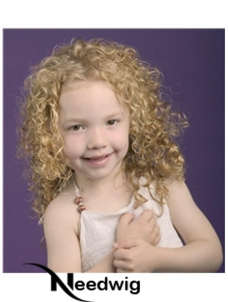 Curly Shoulder Length Blonde Synthetic 100% Hand-tied Kids Wigs