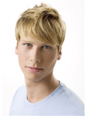 Remy Human 100% Hand Tied Short Wavy Blonde Wigs For Men