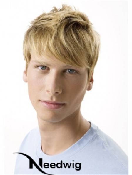 Remy Human 100% Hand Tied Short Wavy Blonde Wigs For Men