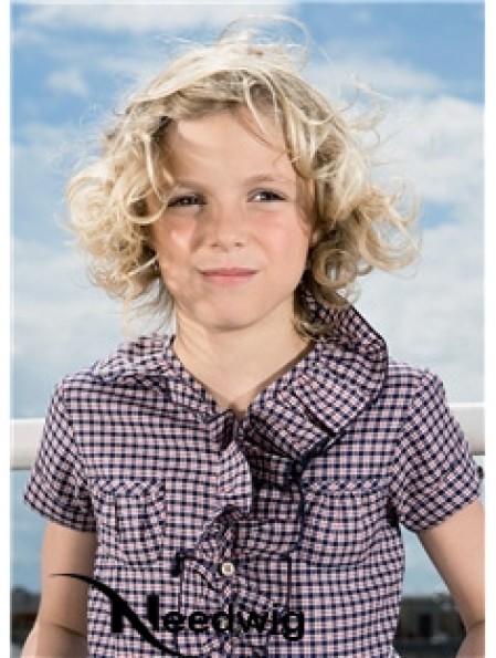 Curly Chin Length Blonde Synthetic 100% Hand-tied Kids Wigs