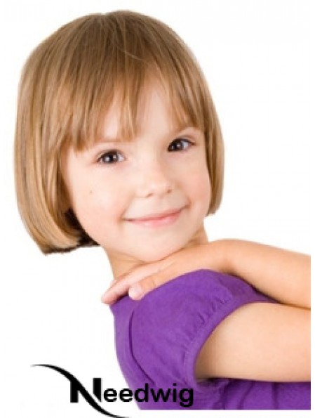 Straight Short Blonde Remy Human Hair 100% Hand-tied Kids Wigs