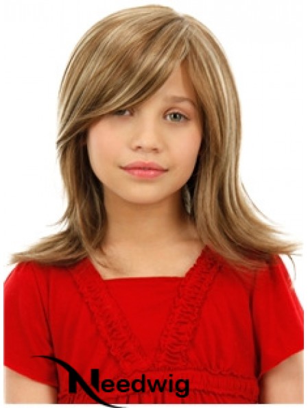 Childrens Wigs Blonde Color Shoulder Length Straight Style With Capless