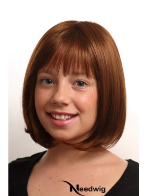 Straight Chin Length Auburn Synthetic Monofilament Kids Wigs